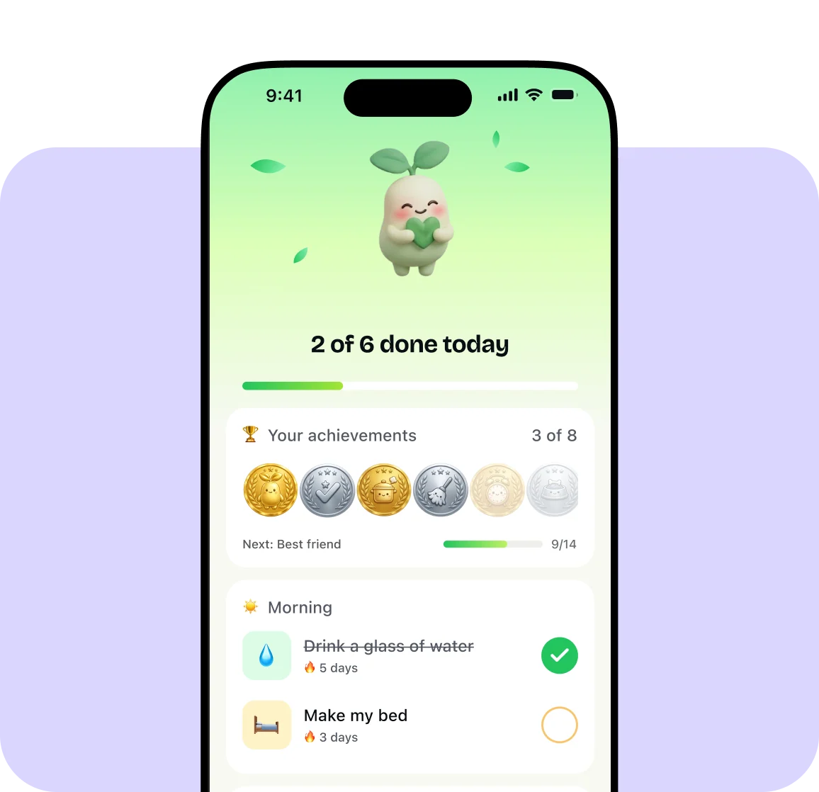 Blomsy app: today’s routines grouped by morning, day and evening